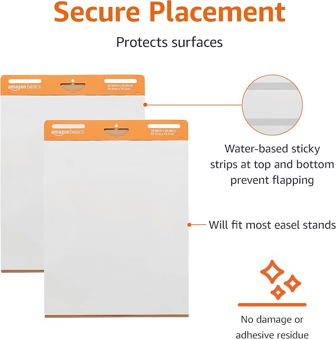 Amazon Basics Sticky Easel Pads for Presentations, Brainstorming, Classroom Use, Bleed-Resistant, Easy to Hang, 25 x 30 in, White, 2-Pack