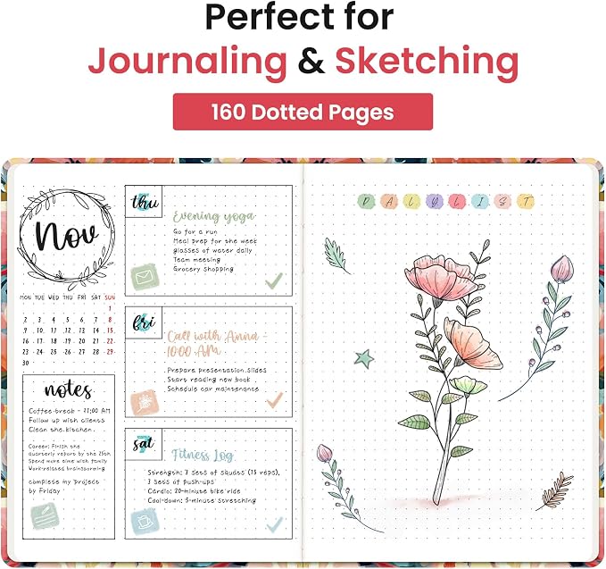 Taja Pretty Dotted Journal for Women, Aesthetic Cute Hardcover Leather Journal for Writing, A5 Journaling Notebook for Work & Sketch, Perfect for Office School Home, 160 Pages, Pastel Garden