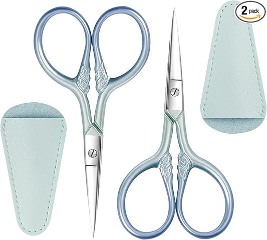2 Pcs Eyebrow Scissors for Women, Professional Grooming Mini Scissors with Stainless Steel Straight Tip, 3.5 Inch Pink Small Scissors, Beauty Kit for Personal Care with PU Case, Gradient Blue