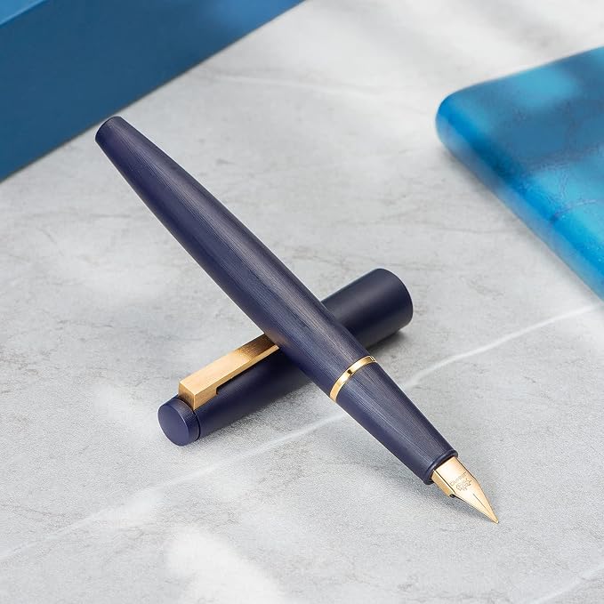 Jinhao 80 Denim Blue Fiber Brushed Fountain Pen, Iridium Extra Fine Gold Nib with Ink Converter, Classic Design Smooth Writing Pen (Gold Clip)
