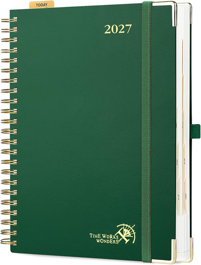 POPRUN 2027 Daily Planner One Page Per Day, Large 8.5" x 12", Calendar Book from Jan 2027 - Dec 2027, Hardcover Appointment Book with Hourly Time Slots, Spiral Bound, Monthly Tabs - Dark Green
