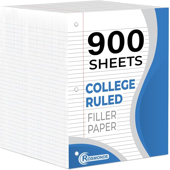 Rosmonde 6 Pack Loose Leaf Paper, 900 Sheets, College Ruled Filler Paper | Bulk Office Filler Paper, 8" x 10.5", 3 Hole Punched, 150 Sheets/Pack, College Ruled Notebook Paper for Binder, White