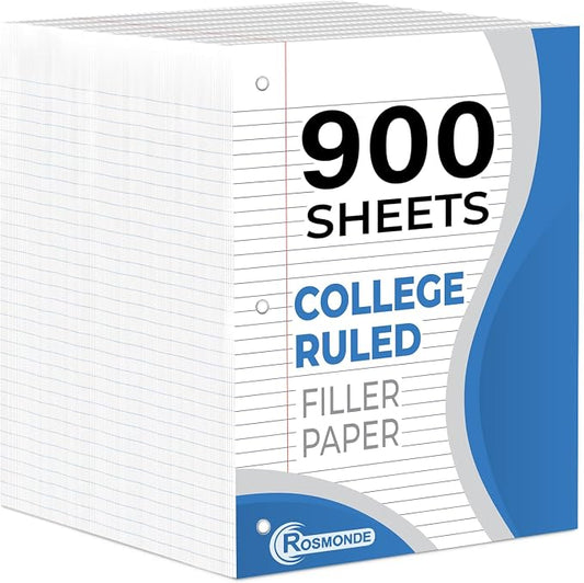 Rosmonde 6 Pack Loose Leaf Paper, 900 Sheets, College Ruled Filler Paper | Bulk Office Filler Paper, 8" x 10.5", 3 Hole Punched, 150 Sheets/Pack, College Ruled Notebook Paper for Binder, White
