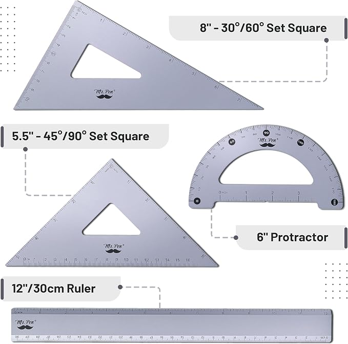 Mr. Pen- Metal Geometry Kit, 4 Pack, 45° & 30°/60° Set Squares | 6" Protractor & 12" Ruler, Durable Metal Drafting Tools for Technical Drawing, Math, Engineering & Architecture