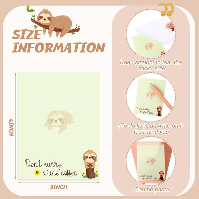 Chiisong 12 Pieces Sloth Sticky Notes 3x4 Inch Cute Cartoon Sloth Gifts Memo Notes for Animal Lovers Women Animal to Do List for Office Friends Lazy Day Holidays Gifts