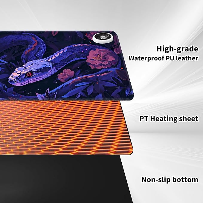 Heated Desk Pad Mouse Pad,Heated Desk Mat,with 3 Heating Levels & 3 Hours Auto Shut-Off,Leather 23.6"*14.2" Gaming Mouse Laptop Mat,Foot Warmer,Purple Snake Flower