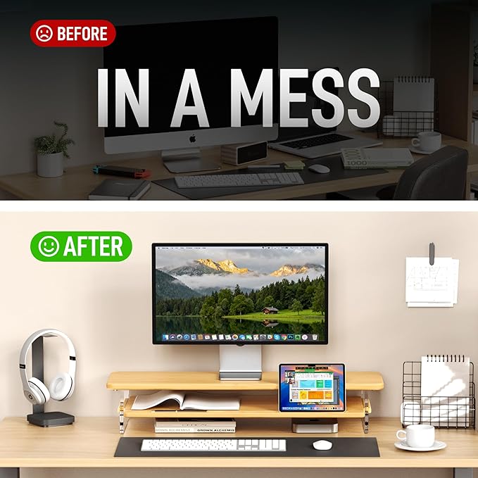 Bamboo Dual Monitor Stand for Desk,31.5 In 2 Tier Computer Riser Organizer | Desk Organizer Adjustable Arylic Feet Computer Monitor Stand, Desk Shelf for Office