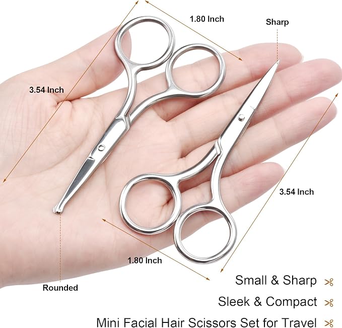2Pcs Facial Hair Small Grooming Scissors For Men & Women - Eyebrow, Nose Hair, Mustache, Beard, Eyelashes, Ear Hair Trimming Kit, Pointed Scissors and Round Scissors, Travel Friendly Mini Scissors Set