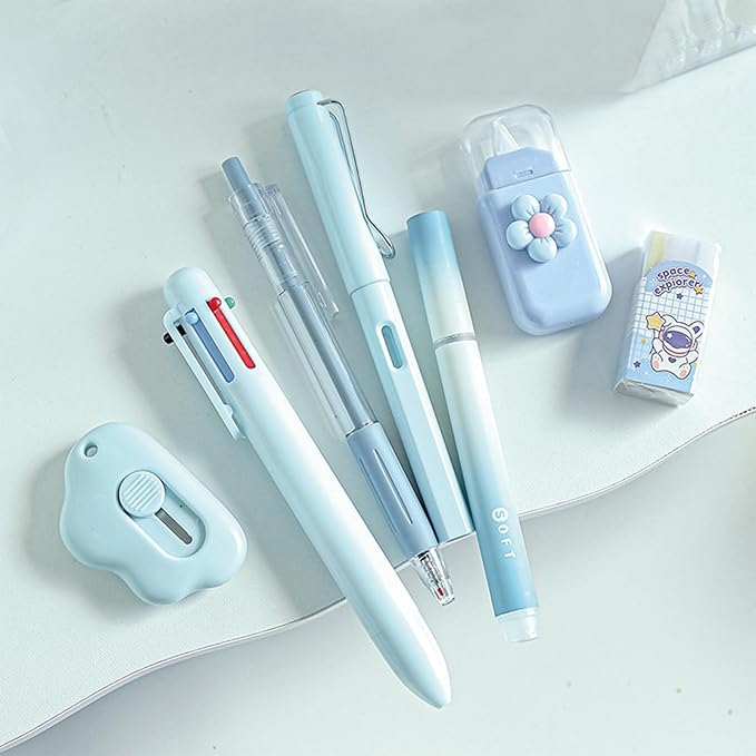 7 Pcs Cute Blue Stationery Set Kawaii School Supplies Office Supplies Including Ballpoint Pens Pencil Sharpener Highlighter Correction Tape Ruler Utility Knife (Blue)