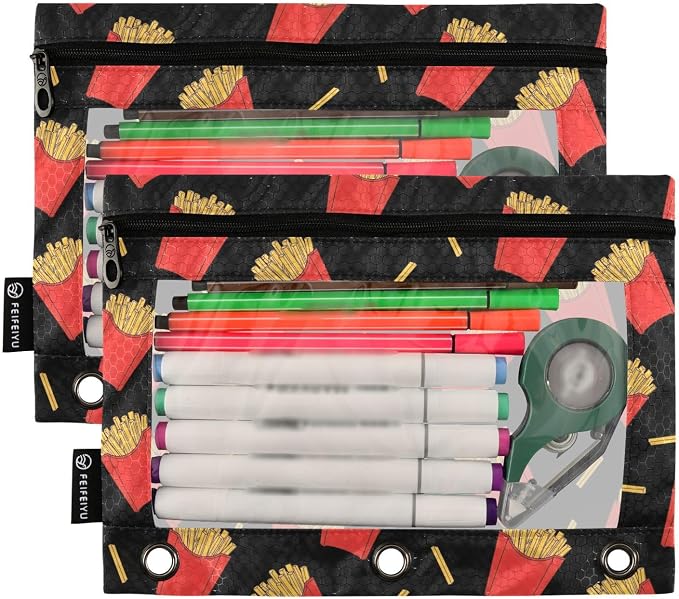 Emelivor Chips Black Pencil Pouch for 3 Ring Binder 2 Pack Binder Pencil Case with Clear Window Pencils Bags with Zipper for Office Daily College Home Supplies