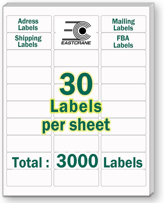 1" x 2-5/8" Printable Mailing Address Labels,3,000 Sticker Labels(100 Sheets),White Blank Labels for Laser/Inkjet Printer,Permanent Adhesive Name Labels,FBA Labels