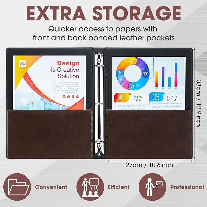 Yexiya 4 Pcs Vintage Hardback 3 Ring Binder Planner Portfolio Leather Round Ring Binder Organizer Holds 200 Sheets with 2 Inner Pockets, 13 x 10 Inch(1.5 Inch,Brown)
