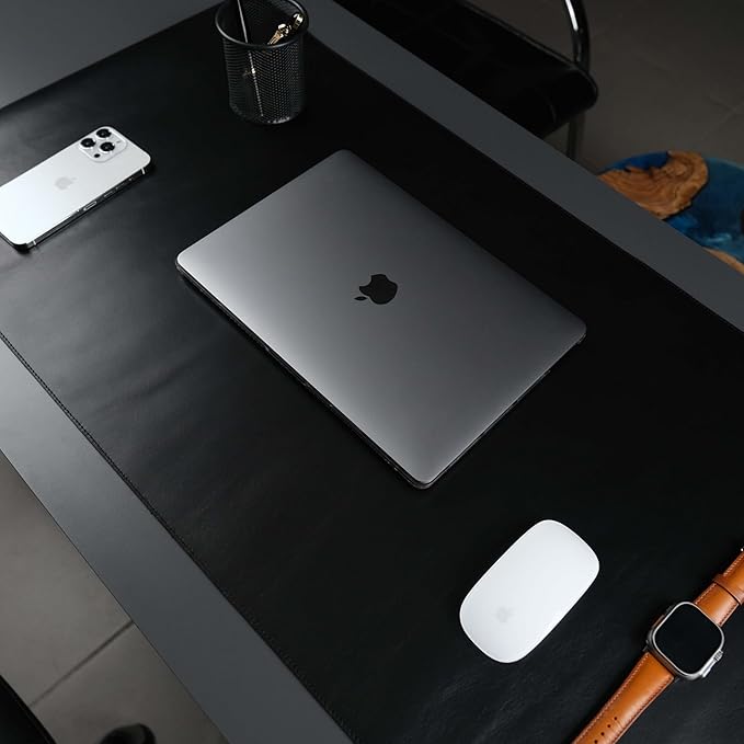 Jersey Genuine Calfskin Leather Desk Pad, Office Desk Mat with Non-Slip Bottom, Smooth Surface for Mouse & Keyboard, Desk Protector (14.6x31.5 inches) (Black)