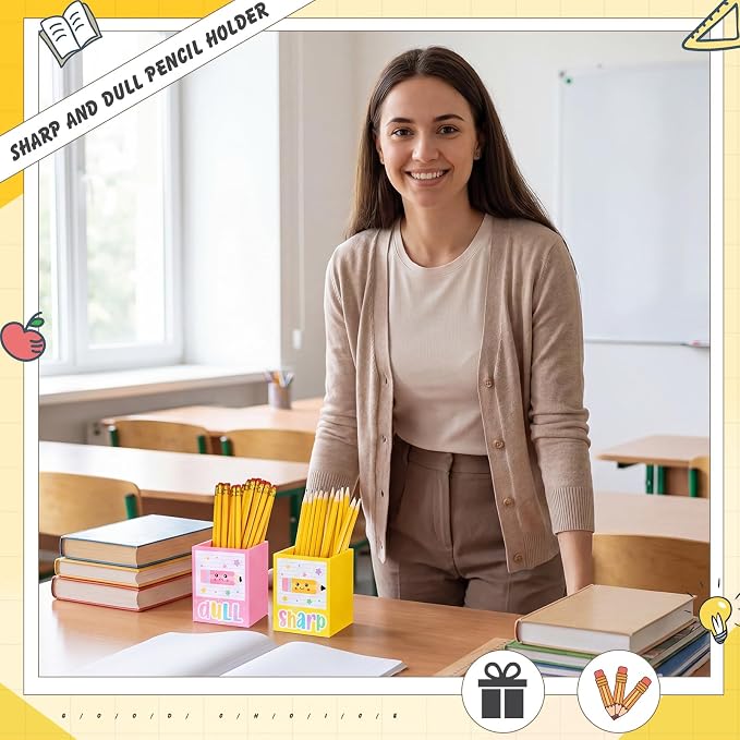 DoubleFill 2 Pcs Box Shaped Holder Sharp Dull Holder Wooden Dispenser Pen Storage with Classic Pencil Shaped Design for Back to School Teachers Classroom Organization Accessories