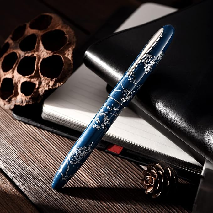 HONG DIAN N23 Blue Rabbit Fountain Pen, Iridium Extra Fine Nib Silver Trim, New Year Lucky Rabbit Carving Design, Smooth Writing Pen with Converter and Metal Pen Box Set