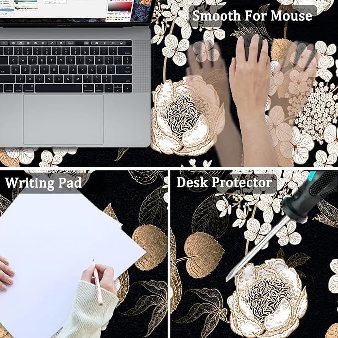Large Desk Mat, Dual Side PU Leather Waterproof Mousepad Desk Pad, Desk Protector Writing Pads Desk Accessories for Office and Home (C-Black Gold Flower, 35.5''X15.8'')