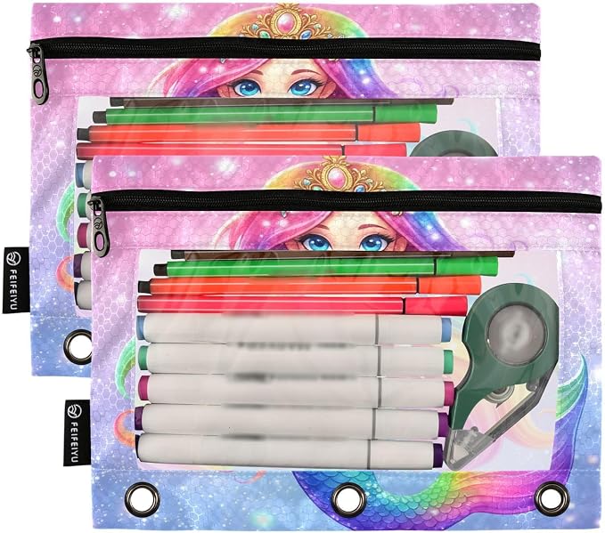 Gredecor 3 Ring Binder Pencil Pouch, Fantasy Mermaid Rainbow (2) Zippered Pen Case Pouches with Clear Window, 2 Pack Stylish Office & School Supplie