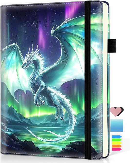 Hardcover Executive Notebooks, A5 PU Leather Lined Journal Notebook, 200 Pages Thick Paper Subject Notebooks for School,Work,Home Writing Business Notebook, Diary Book, Dragon and Aurora