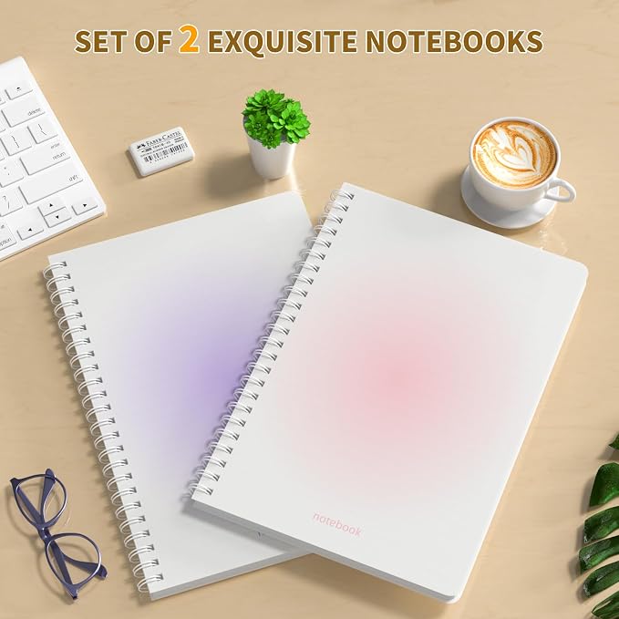 Oucaru Spiral Notebook College Ruled 2 Pack A5 (5.9" x 8.3") Journaling Notebooks 140 Pages 100 GSM Gradient Small Lined Notebook Waterproof PP Cover for Work School Business Travel Note Books