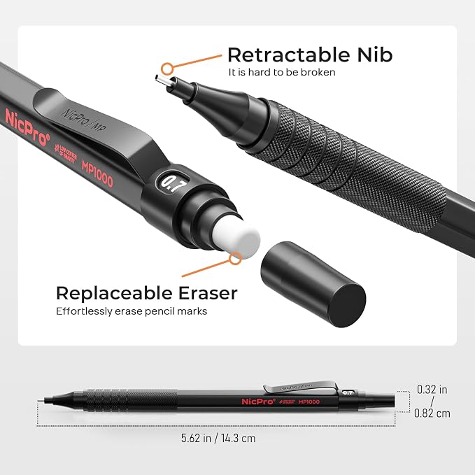 Nicpro Black Art 5PCS Mechanical Pencil Set, Metal Drawing With Lead Eraser | Pencils 0.3, 0.5, 0.7, 0.9 mm & 2mm Graphite Holder For Sketching Drafting With 9 Tubes (4B 2B HB 2H Colors) Refills Case