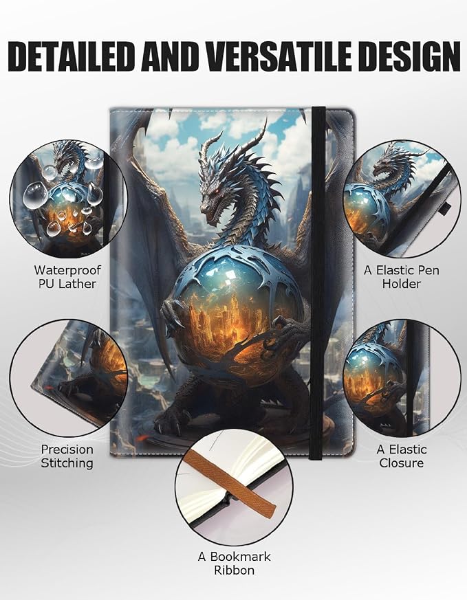 Hardcover Executive Notebooks, A5 PU Leather Lined Journal Notebook, 200 Pages Thick Paper Subject Notebooks for School,Work,Home Writing Business Notebook, Diary Book ， Dragon