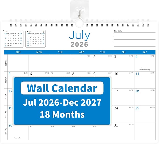 MZD8391 Calendar 2026-2027, 18 Months Wall Calendar From July 2026 To December 2027 with Julian Dates, 14" x 11" Thick Paper with Black Blocks For New Year (Blue)
