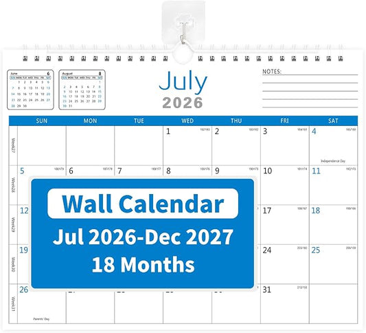 MZD8391 Calendar 2026-2027, 18 Months Wall Calendar From July 2026 To December 2027 with Julian Dates, 14" x 11" Thick Paper with Black Blocks For New Year (Blue)
