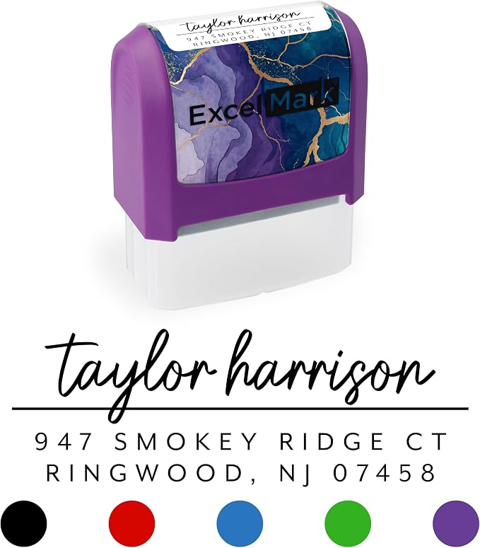 ExcelMark Custom Return Address Stamp (Purple, Metro Line) | Custom Return Address Stamp with Elegant Designs, Vibrant Colors & Patterns – Perfect for Mail, Invitations & Gifts