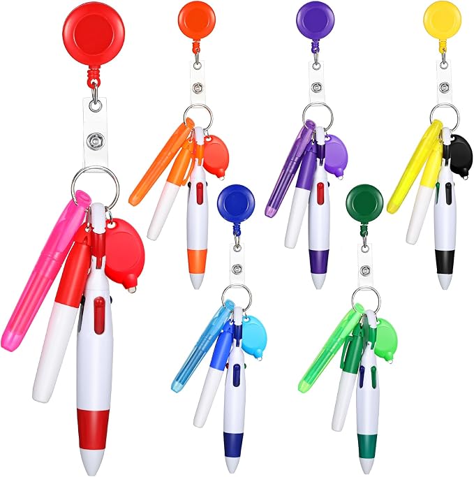 Chinco 30 Pcs Retractable Shuttle Pen Clip with Mini Highlighter Nurse Badge Pen Neon Marker LED Keychain Ring Clip