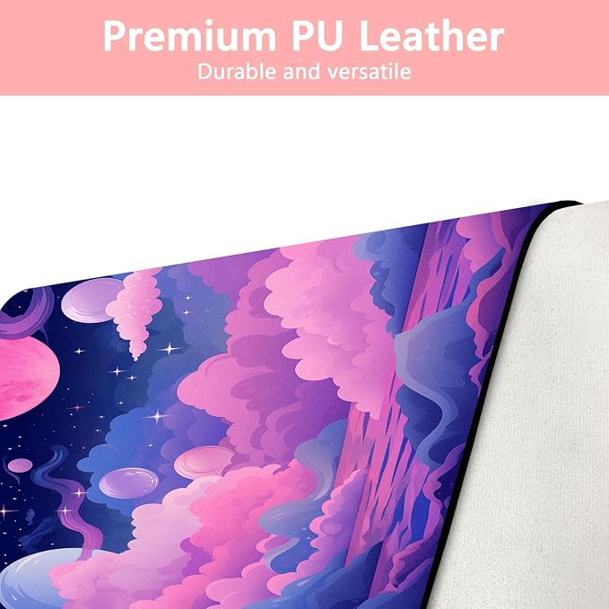 Britimes Pink Blue Planet and Clouds Desk Mat Cute Colorful Sky Deak Pad Non-Slip PU Leather Large Keyboard Mouse Pad Office Desktop Accessories for Office,Work,Home Decor(31.5"X15.7")