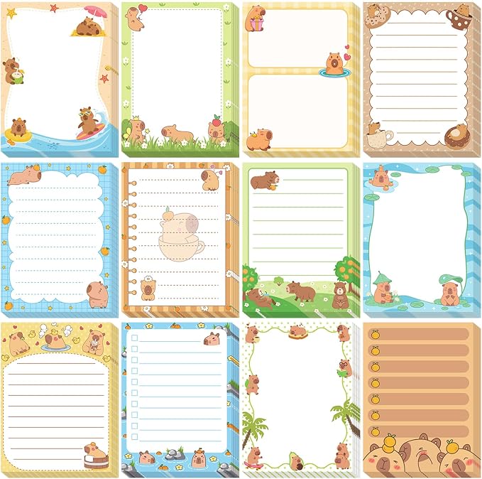 Chiisong 12 Pack Capybara Sticky Notes Gifts Cute Sticky Notes 3x4 Funny Gifts for Capybara Lovers Cartoon Notepads Animals Memo for Women Men Office Supplies Home Christmas Favors