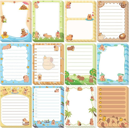 Chiisong 12 Pack Capybara Sticky Notes Gifts Cute Sticky Notes 3x4 Funny Gifts for Capybara Lovers Cartoon Notepads Animals Memo for Women Men Office Supplies Home Christmas Favors