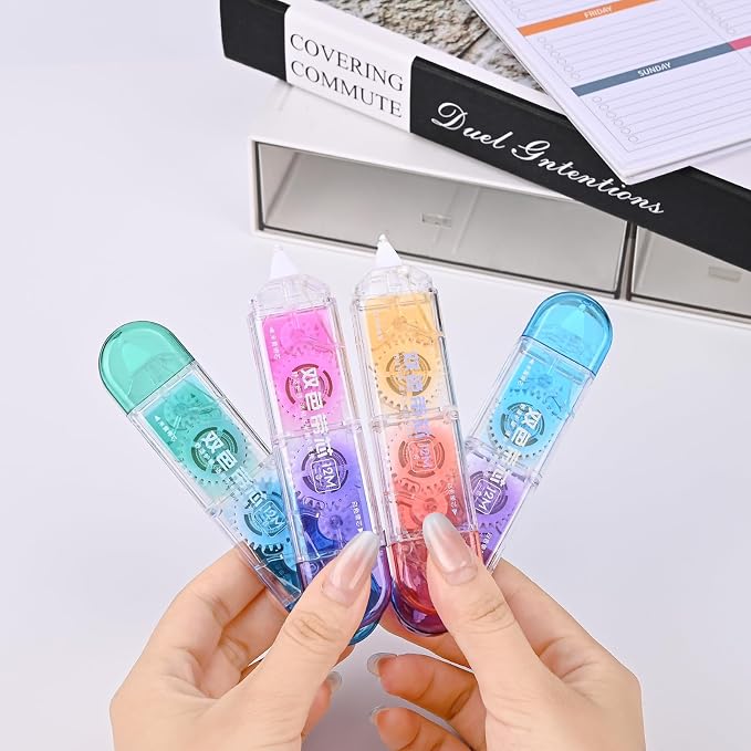 Temiary 4 Pcs 2 in 1 White & Beige Correction Tapes Pens, Gradient Color | Quick Dry White Smooth Pull Out Pen for Writing, Cute Tapes Easy to Use for Classroom Office Back to School Supplies
