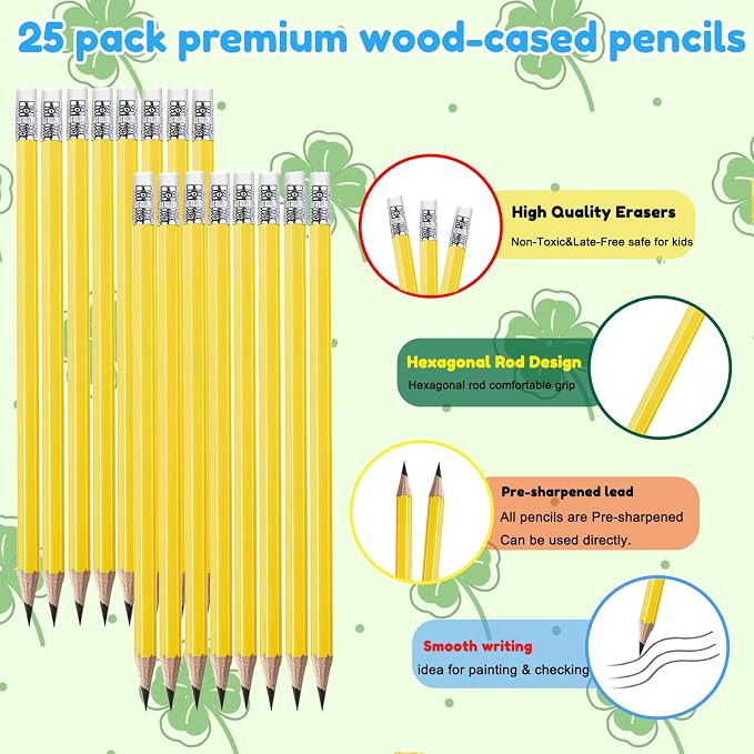 Adhere 25pcs Woodcase Pencils with Eraser Premium Pre-Sharpened Hexagon Graphite 2B pencils ideal for home, office writing including a Free Sharpener (Yellow・25pcs)