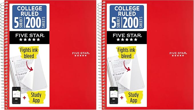 Five Star Spiral Notebook + Study App, 5 Subject, College Ruled Paper, 8-1/2" x 11", 200 Sheets, Fights Ink Bleed, Water Resistant Cover, Fire Red (72077) (Pack of 2)