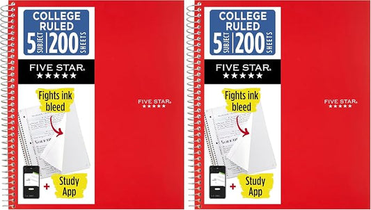 Five Star Spiral Notebook + Study App, 5 Subject, College Ruled Paper, 8-1/2" x 11", 200 Sheets, Fights Ink Bleed, Water Resistant Cover, Fire Red (72077) (Pack of 2)