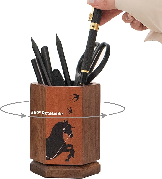 Solid Wood Pen Holder for Desk, Rotating Pencil & Pen Holder | Black Walunt Wood & Cherry Wood Pen Cup, Hexagonal, Walnut Desk Accessories, Desk Organizer for Office,Gift for Horse Lover