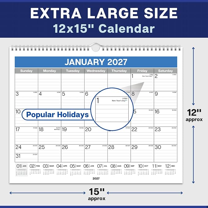 Dunwell Wall Calendar 2026-2027, 15" x 12", Jul. 2026 to Dec. 2027, 18 Months Monthly Planner with Thick Paper, Twin-Wire Binding, Large Hanging Calendar for School, Office Organizing, Easy Read