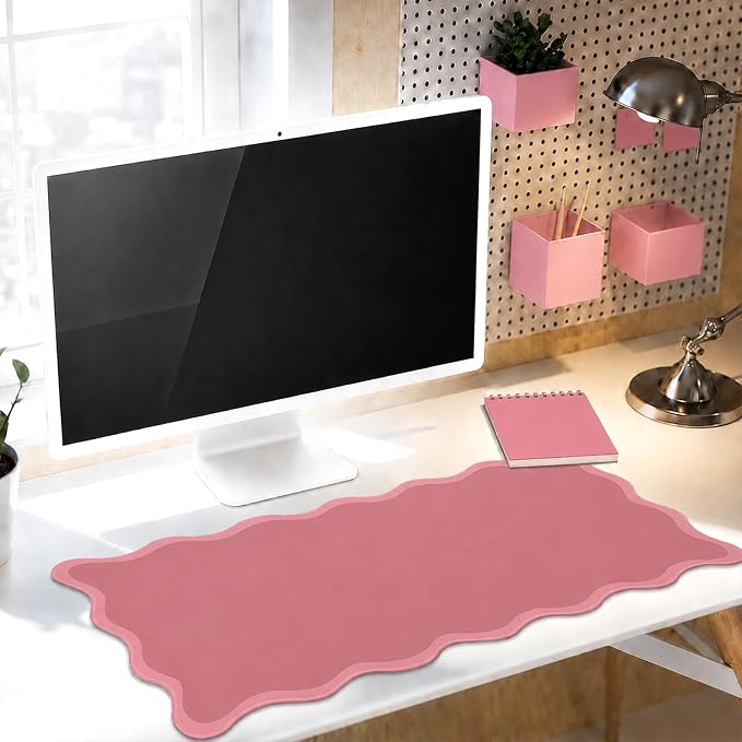 Hahafelt Scalloped Desk Mat Large Desk Pad Cute Coquette Table Mat Back to School Preppy Table Make up Pad Nonslip Graduation Gift with Stitching Waterproof Gaming(Dark Pink,31.5 x 15.8 Inches)