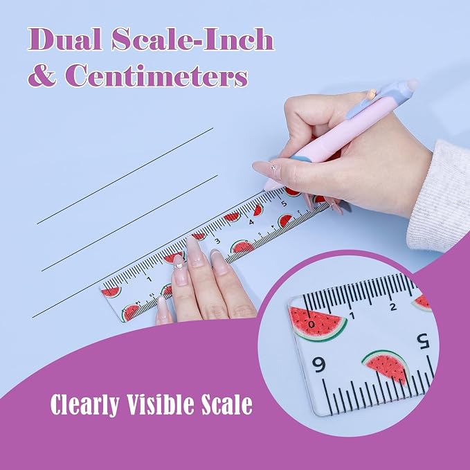BAYTORY 4Pcs Transparent Acrylic Small Ruler 6 Inch, Straight Mini Rulers | Shatterproof Student Stationery Centimeters with Inches, for Classroom Essentials School Supplies (Fruit 6 Inch)