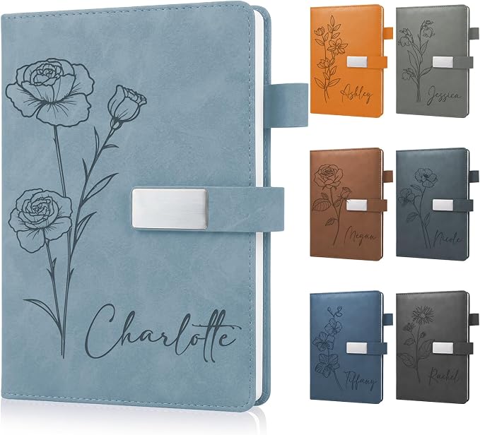 Personalized Journal Notebook with Name and Birth Flower, Custom Text Leather Notebooks, 3D Engrave Hardcover Executive Notebooks for Work, Personalized Birthday Gifts for Women, Mom, Wife, Friends, Sisters