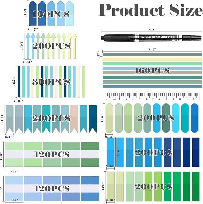 BAYTORY 1800Pcs Transparent Sticky Tabs, 2Pcs Double Marker Pens | See Through Clear Label Stickers, Self-Adhesive Translucent Index Tabs, Sticky Notes for Bible Accessories (Gradient Colors)