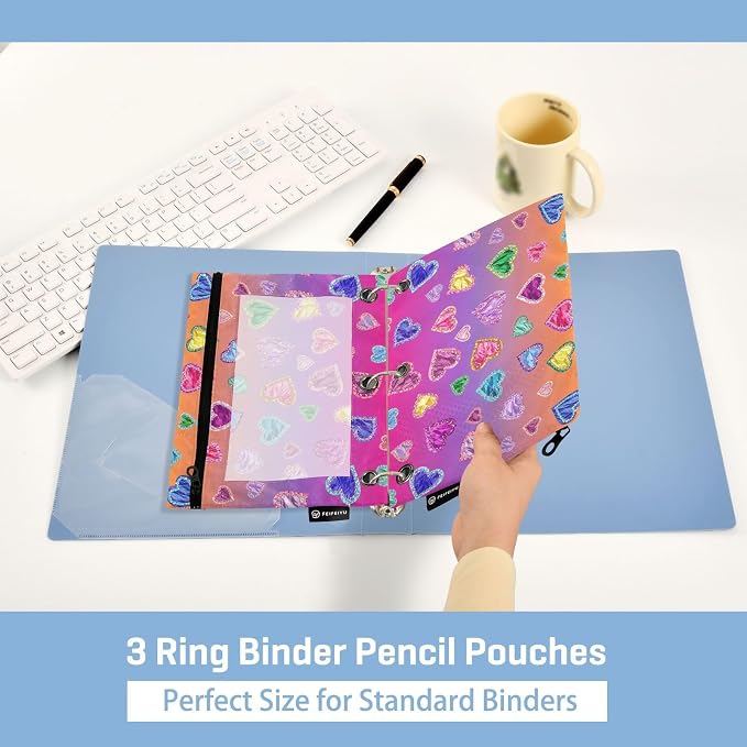 Gredecor Binder Pencil Pouch 3 Ring Hearts on Bright Gradient Zipper Pencil Pouches Case 2 Pack Clear Binder Organizer for School Office