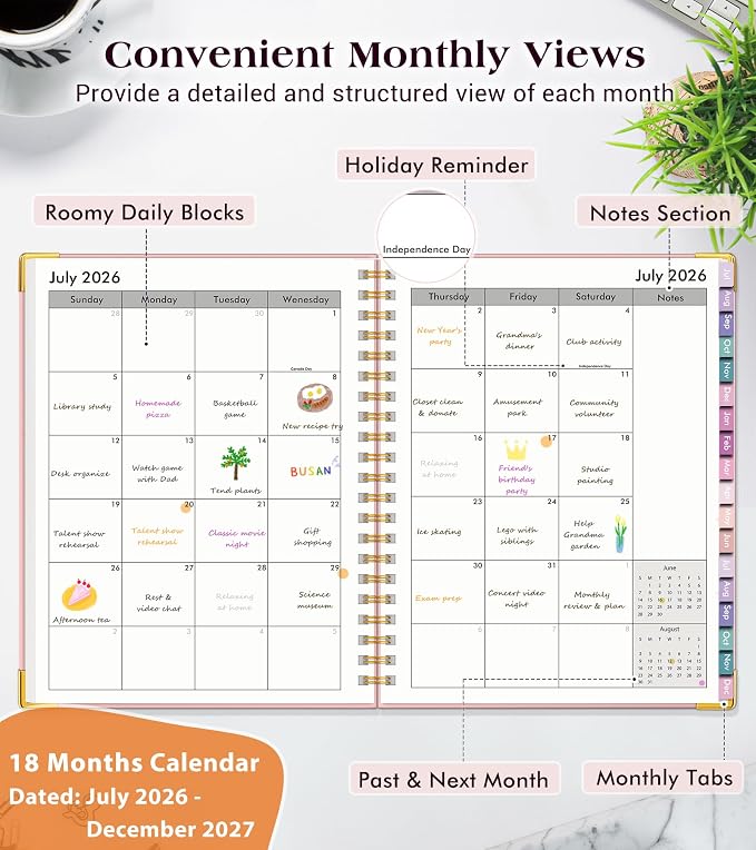 Academic Planner 2026-2027, 18 Months Weekly and Monthly Hardcover Planner, July 2026 - December 2027, 8.5" x 11" A4 Large Daily Calendar Planner Book with Tabs, Spiral College School Agenda Organizer for Student Teacher, Pink