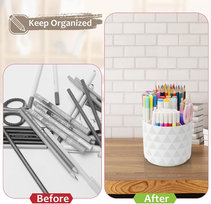 Desk Organizer, 360-Degree Rotating Pencil Pen Holders For Desk, Diamond Pattern Pen Organizer With 5 Compartments, Cute Desk Accessories Decor For Office, School,Home,Art Supply (Green)