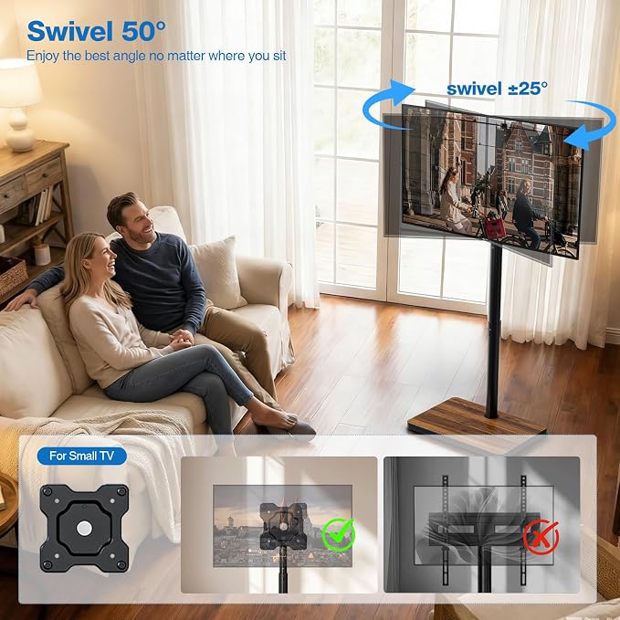 Swivel/Tilt Universal Floor TV Stand with Mount for 13-55 Inch TVs or Monitors, Height Adjustable Tall TV Stand with Sturdy Wooden Base Hold up to 77 lbs, Max VESA 400x400mm, Brown