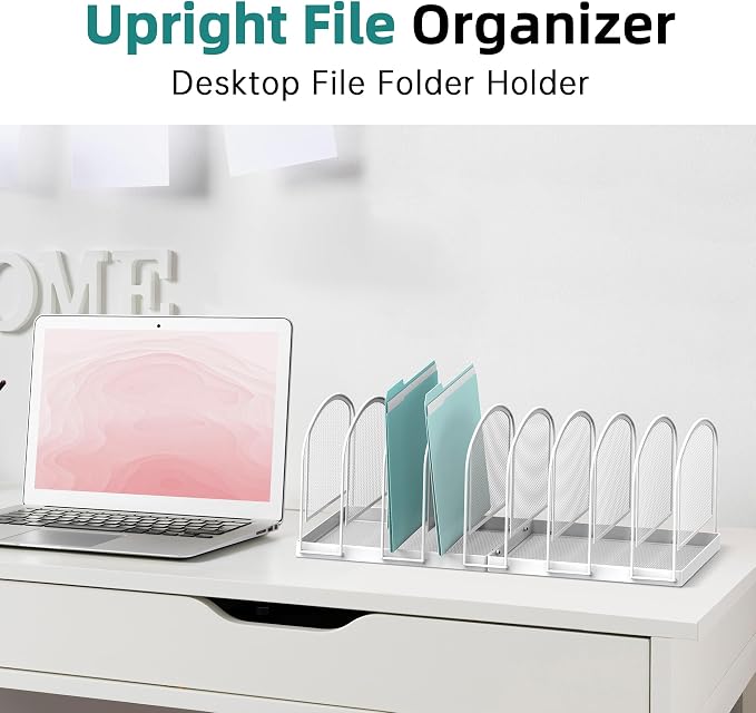 SUPEASY 9-Section File Organizer for Desk, Metal File Folder Holder, White | 9 Vertical Compartments with Sturdy Metal Base for Office Documents Books Magazines and Laptop