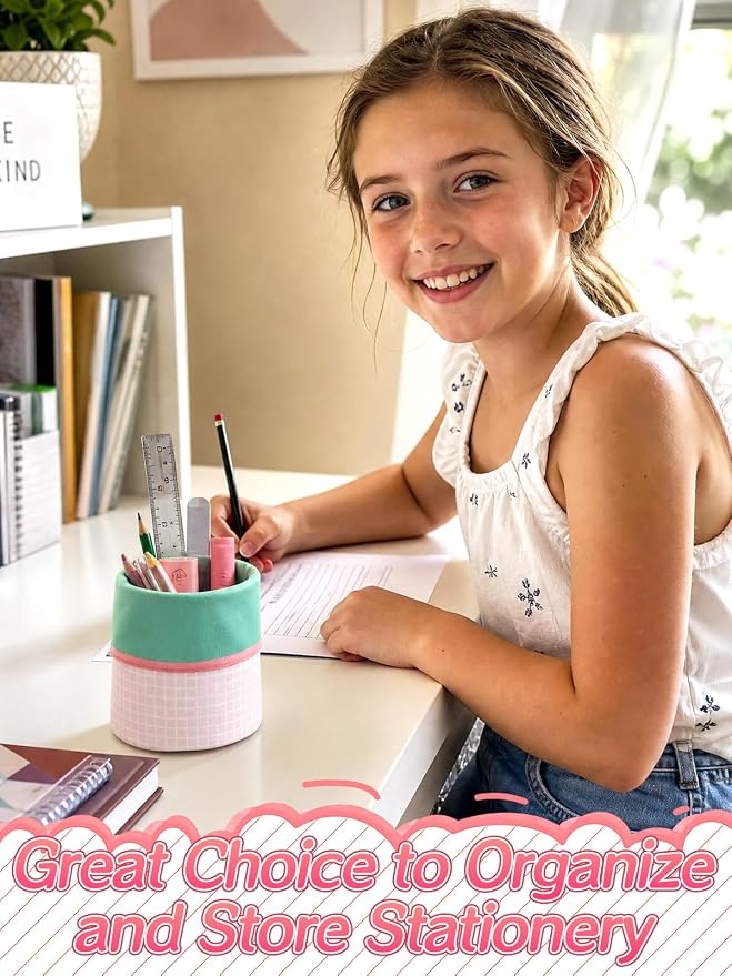 Bigmeta Gingham Standing Soft Pencil Case for Girls - 2-in-1 Cute Aesthetic Pencil Pouch with Zipper, Stationery Holder Bag for Middle & Elementary Students Back to School Supplies (Pink)