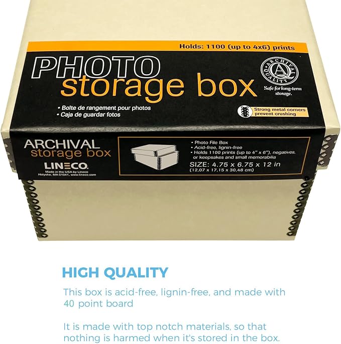 Lineco Archival Photo Card Box, Museum-Quality Storage, 4x6x12 Inch, Tan | Acid-Free with Removable Lid, Metal-Edge Corner, Bulk Storage and Preservation for Negatives, Prints, Films, Photos, Snapshot