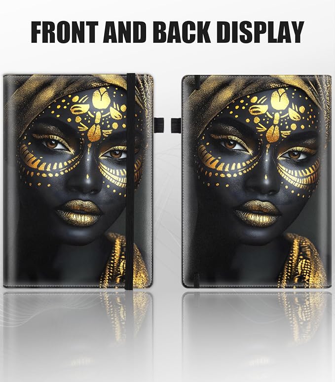 Hardcover Executive Notebooks, A5 PU Leather Lined Journal Notebook, 200 Pages Thick Paper Subject Notebooks for School,Work,Home Writing Business Notebook, Diary Book ，African Woman Gold Art
